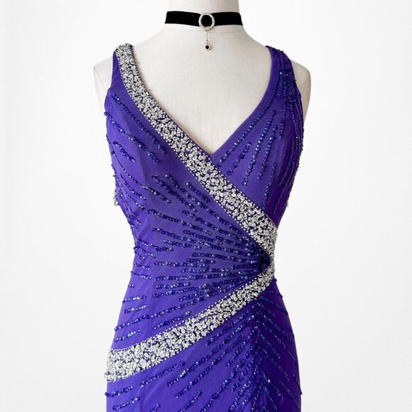 Vintage Y2K Purple Blue V-Neck Beaded Bodycon Maxi Prom Dress Size S - Picture 5 of 11